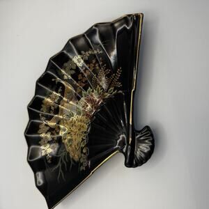 Vintage Fan Peacock And Floral Trinket Dish Japan‎ black gold trim